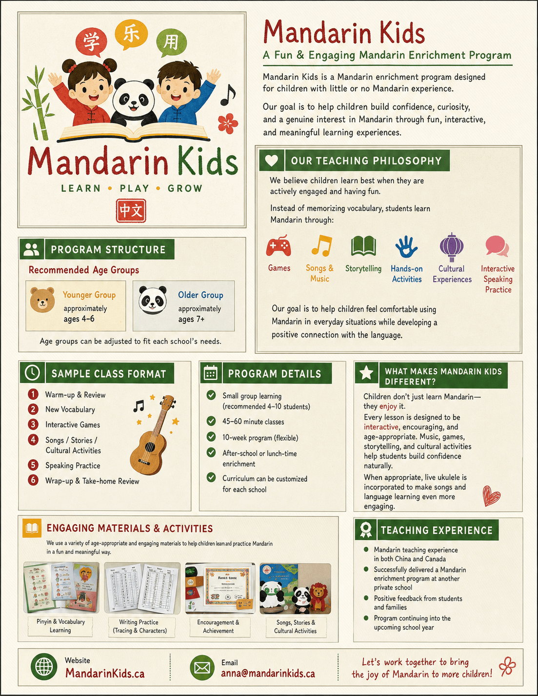 Mandarin Kids program brochure with teaching philosophy, program structure, class format, program details, materials, activities, and teaching experience