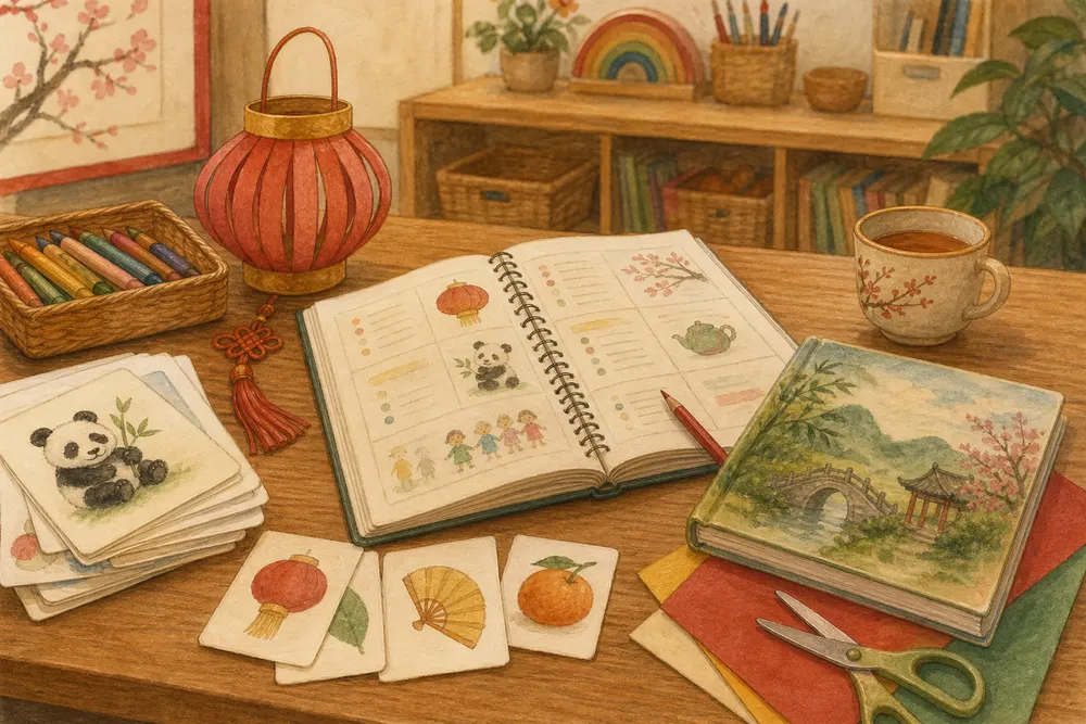 Mandarin teaching materials prepared on a teacher desk