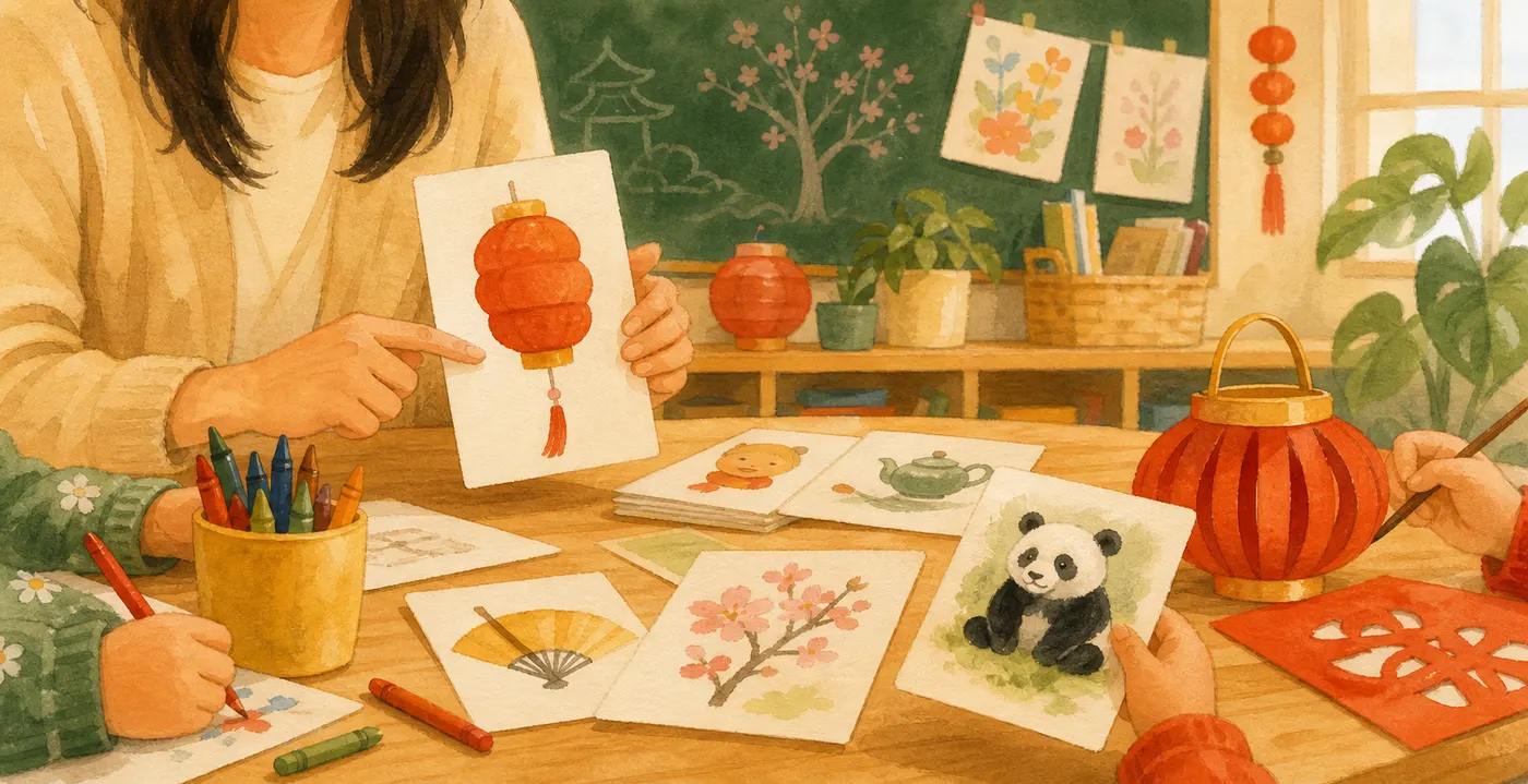 Mandarin Kids classroom materials with cards, crafts, and learning activities